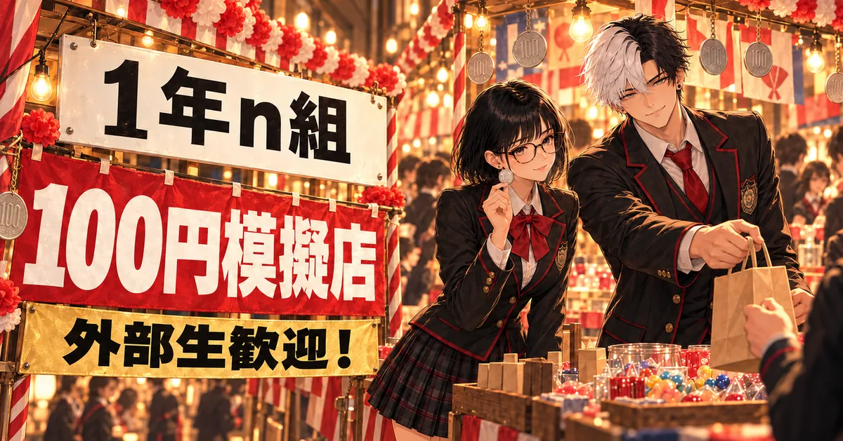 1年n組 100円模擬店 外部生歓迎！の看板と、制服姿の店番の二人